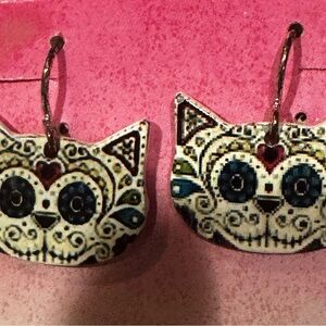 Cat Face Earrings with Day of the Dead design
